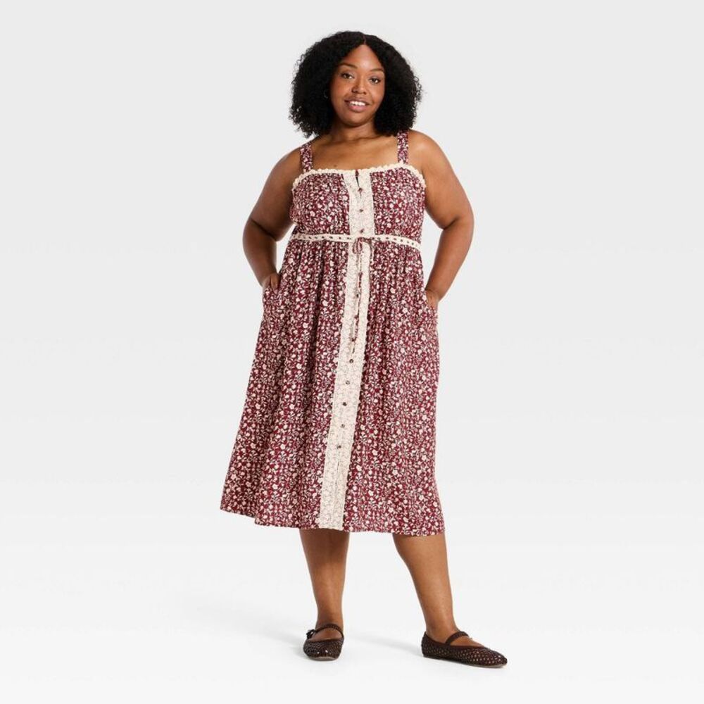 Women's Plus Sleeveless Lace Trim Botanical Midi Dress - Burgundy 1X